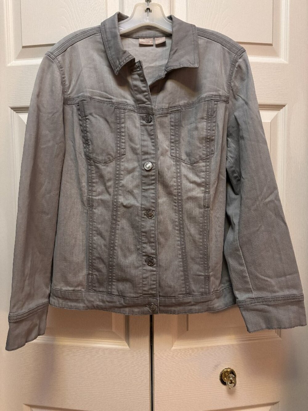 Chico's Gray Stretch Denim Jacket Size 2 Large Button Front Utility Jean Jacket
